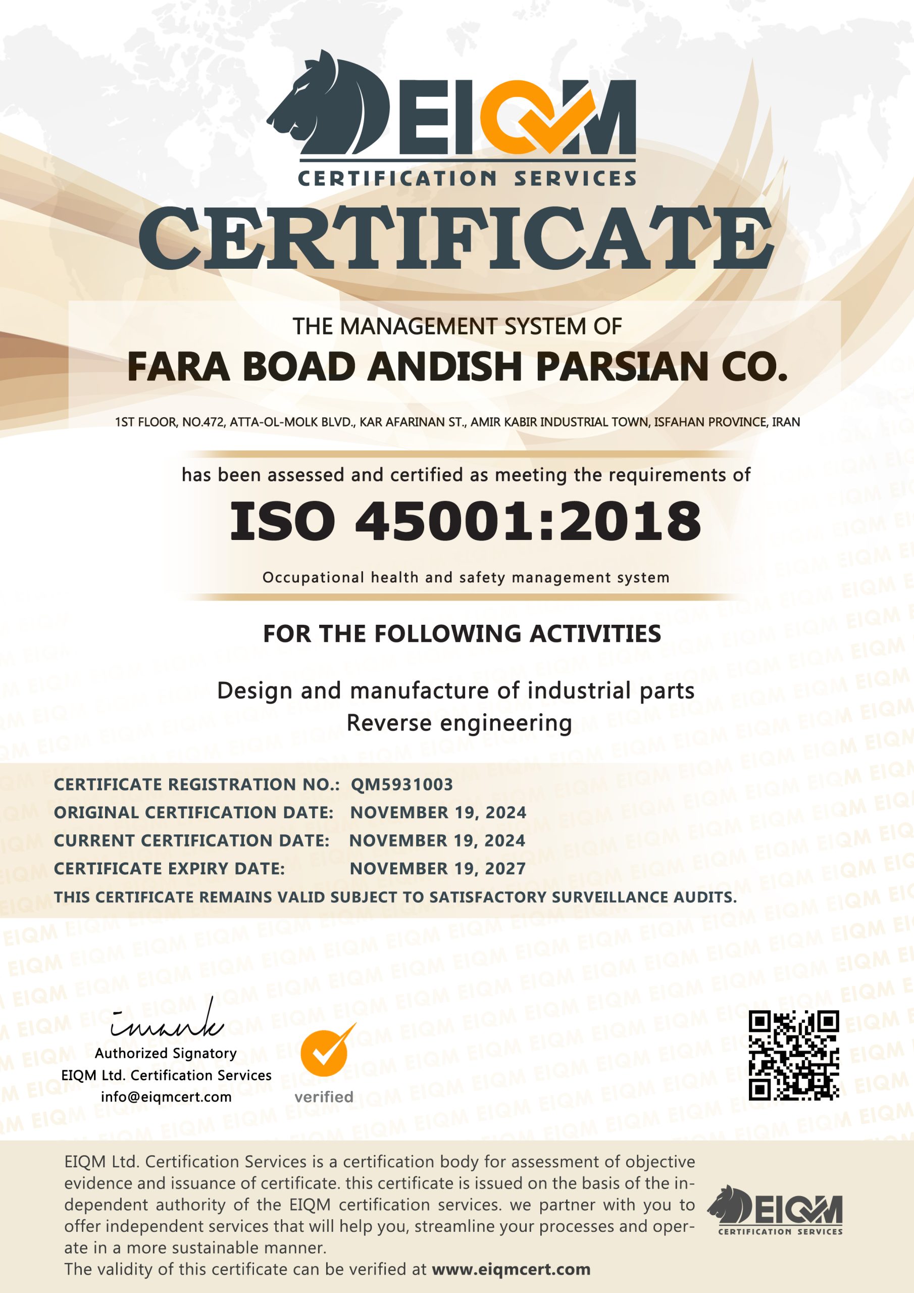 Fara Boad Andish Parsian Co - ISO45001 - QM5931003